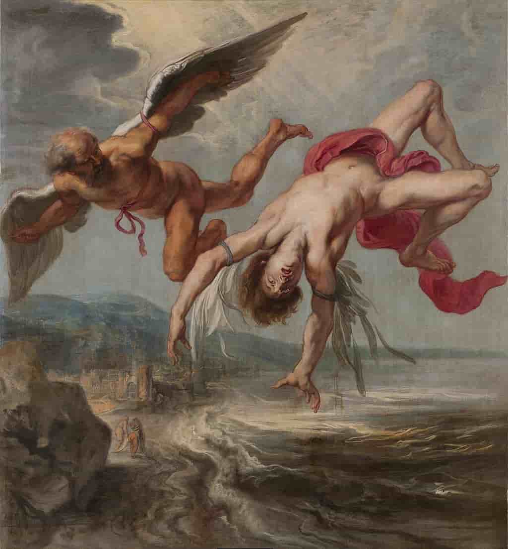 A painting depicting Icarus and his father Daedalus flying with wing contraptions on their arms