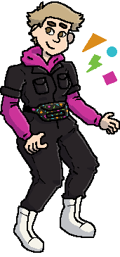a drawing of the webmaster bouncing up and down. she has a blonde crewcut. she is wearing a black jumpsuit. underneath that is a neon pink hoodie. she is wearing a fanny pack with a neon shape pattern. also wearing white boots