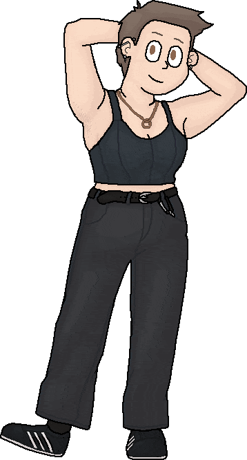 pixel drawing of a white woman with short brown hair standing with hands behind head and leaning to the side. she is wearing a cropped black tank top and black jeans.